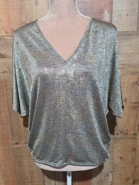 White House Black Market Gold Metallic V-Neck Short Sleeve Top